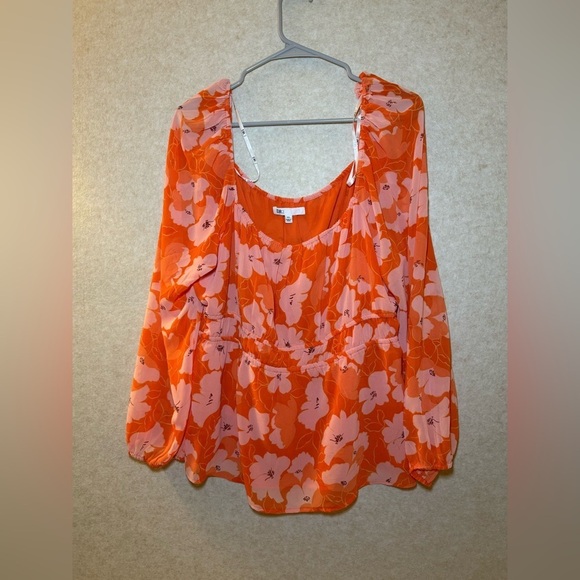 DR2 Tops - DR2 by Daniel Rainn Sheer Peasant Blouse Orange Pink Flower Design Size XXL